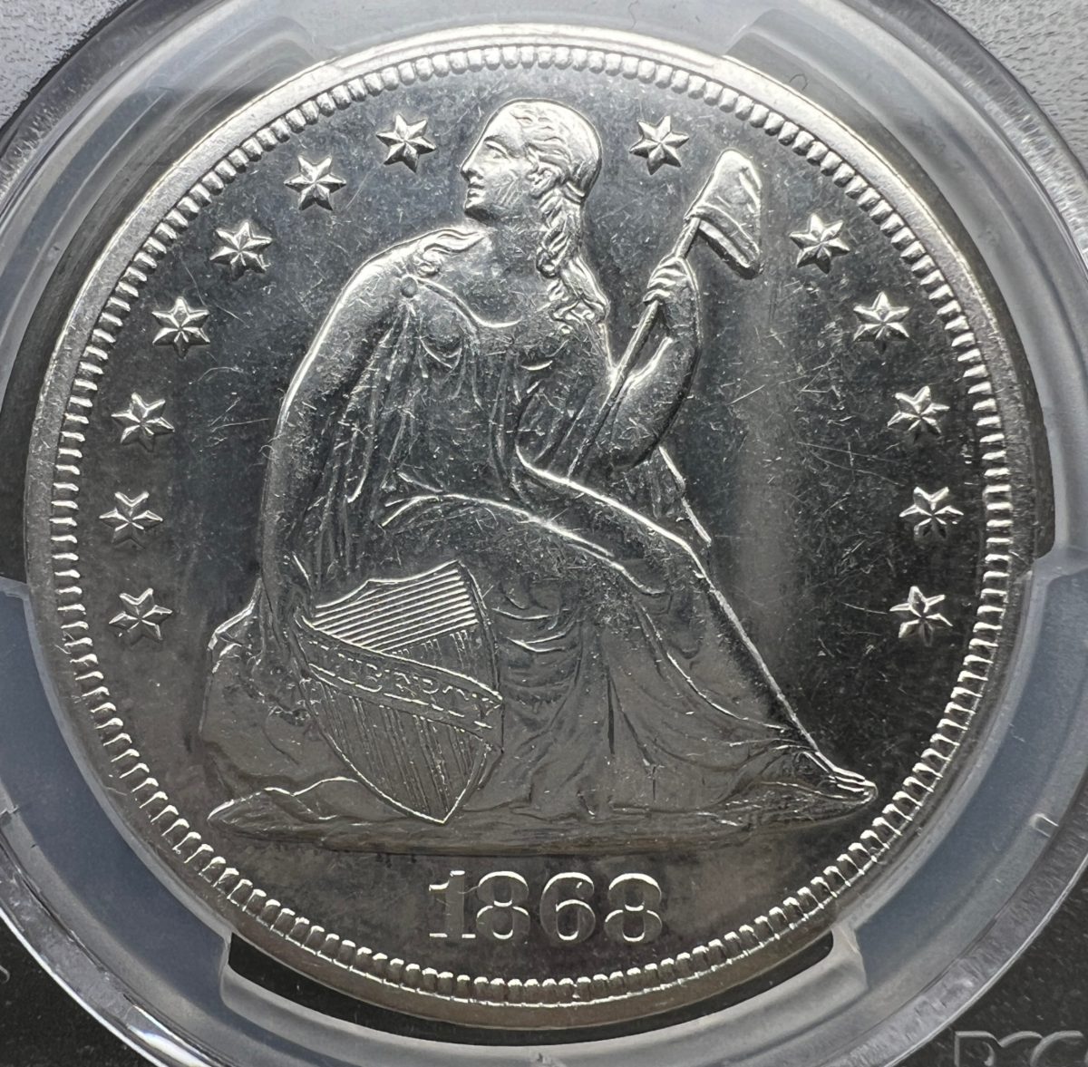 1868-Seated-Dollar-Thoughts-PCGS-AU-Detail